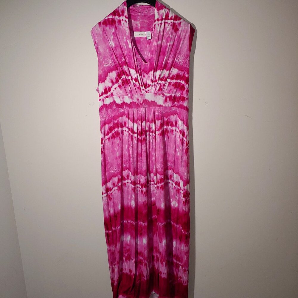 Chicos Sleeveless Maxi Dress Ombre Pin Abstract Print V-Neck Empire Waist Sz 3